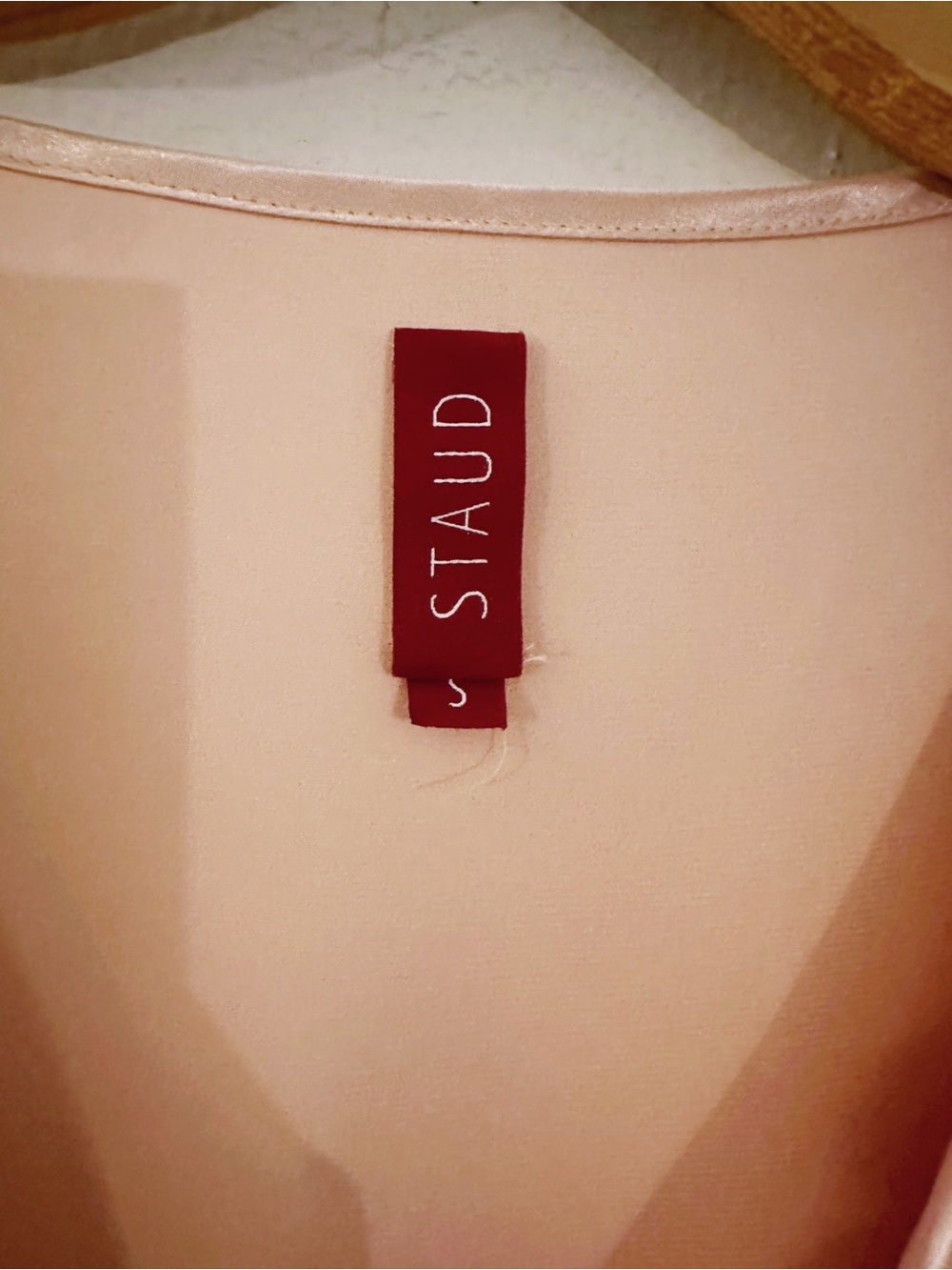 Staud Satin Long Sleeve Blouse Peach Pink Pinched Front Top - Picture 7 of 9